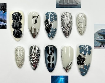 Kpop Inspired Indigo Voyage Nails | 7 Spirit Arirang Silver Shark Nails | Ocean Muse 3D Chrome Nails | Handmade Nails | JC357IC