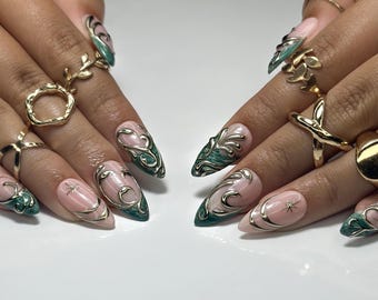 Enchanted Emerald Swirl Press On Nails | Luxurious Green & Gold Nail Art | 3D Baroque-Inspired Details | Long Almond Statement Set | JB158EC