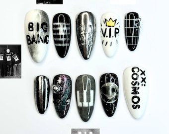 Kpop Concert Press On Nails with Silver Chrome | Black White Crown Nail Art | Korean Pop Fan Nails for Concert, Music Festival | JB503UC