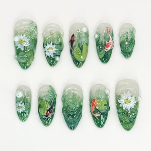 Nature Koi Fish Press On Nails | Realistic Pond & Fish Nail Design | Natural Landscape Nail Art | Custom Hand-Painted Green Nails | JB669HC