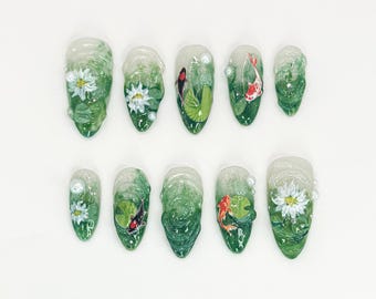 Nature Koi Fish Press On Nails | Realistic Pond & Fish Nail Design | Natural Landscape Nail Art | Custom Hand-Painted Green Nails | JB669HC