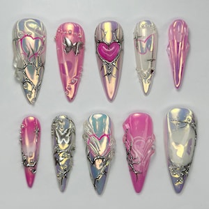 Celestial Love Chrome Press On Nails | Iridescent Butterfly Heart Nails | Handmade Pink Silver Set with 3D Shine | Long Press On | JC752HC