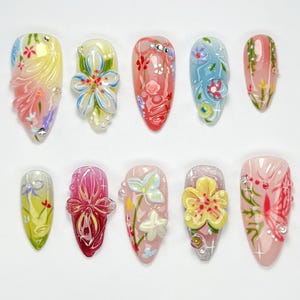 Spring Garden Bloom Press On Nails | Colorful Floral 3D Nail Art | Soft Pastel Press Ons | Handmade  Elegant Set for Spring & Summer|JB751HK