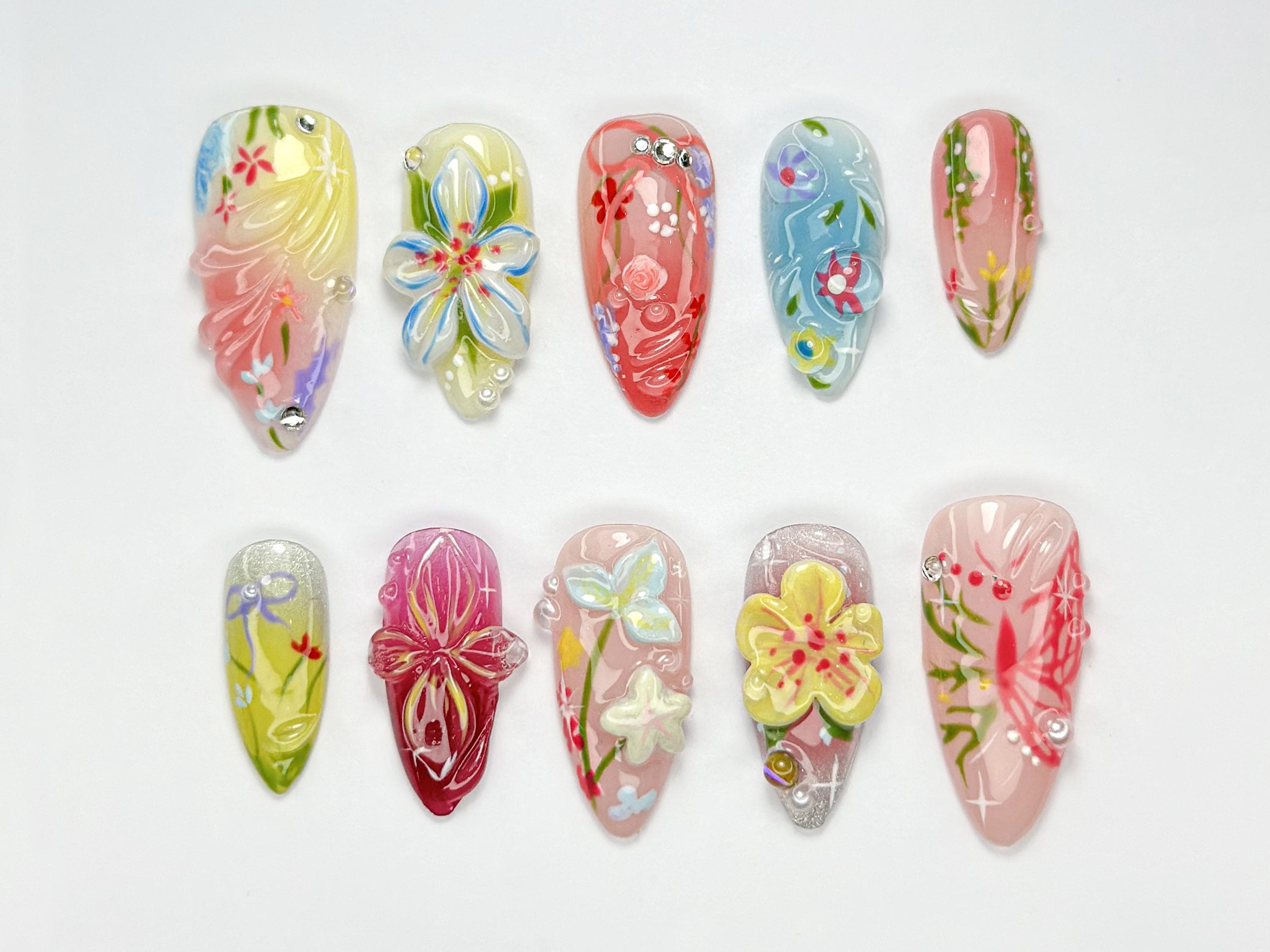 Spring Garden Bloom Press On Nails | Colorful Floral 3D Nail Art | Soft Pastel Press Ons | Handmade  Elegant Set for Spring & Summer|JB751HK