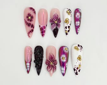 Elegant Purple Floral Press On Nails | Long Stiletto Floral Nail Design | Purple & Gold Nail Art | Gold Floral Press On Nail Set | JB682HK