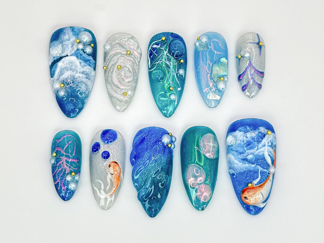 Blue Ocean Press on Nails | Stunning Blue Koi Fish Nails | Jellyfish ...