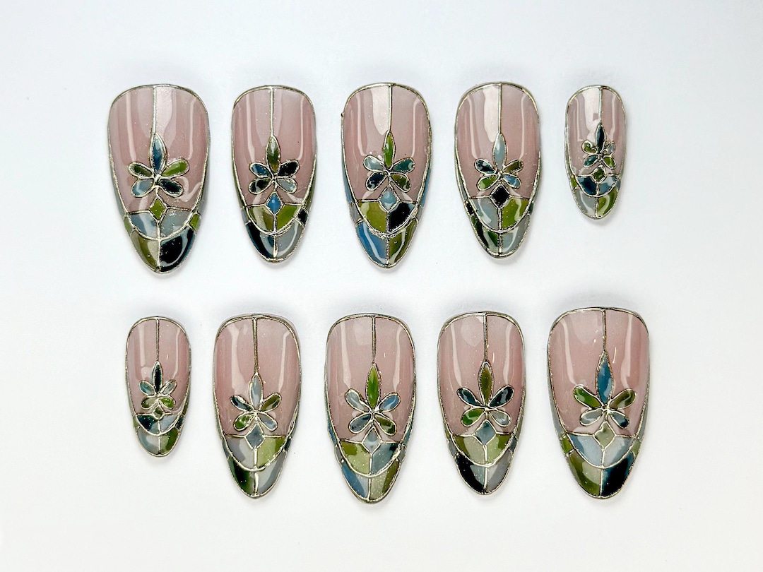 Stained Glass Press-on Nails | Stained Glass Press-on Nails | Neutral \u0026  Green Nail Design | Elegant Handcrafted Nail | Luxury Nail | JB724HC - Etsy, image size:1080x810