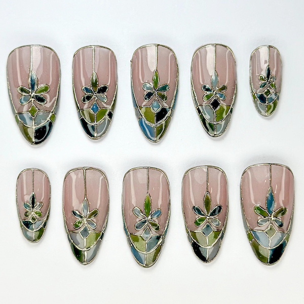 Clous à presser pour vitrail | Clous à presser pour vitrail | Ongles neutres et verts | Ongles élégants fabriqués à la main | Ongles de luxe | JB724HC