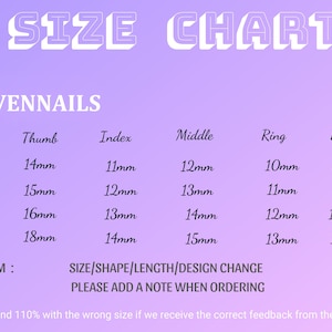 May include: A size chart for nail tips, showing the measurements in millimeters for each finger: thumb, index, middle, ring, and pinky. The chart includes sizes XS, S, M, and L, as well as a custom option. The text "SEVENNAILS" is at the top of the chart.