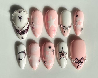 Uñas postizas elegantes de color rosa / Uñas postizas Y2K con perlas y estrellas / Destaca con el juego de uñas de gel 3D / Uñas bonitas / JC430A