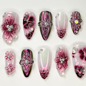 Burgundy 3D Flower Press On Nails | Pink - Burgundy Gradient | 3D Flowers - Rhinestone Accents | Perfect for Special Occasions | JC761YK