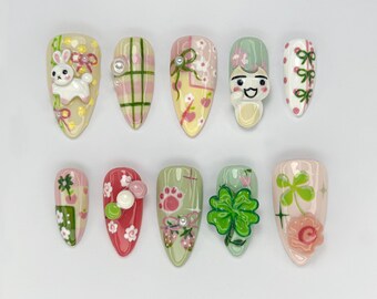 Kawaii Bunny Press On Nails | Kawaii Pastel Spring Nail Art | Soft Girl Aesthetic Nail | Handmade Kawaii Nail Art | Lucky Vibe Nail| JB765HC