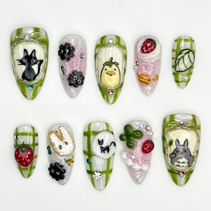 Ghibli Totoro Kawaii Press On Nails | Studio Ghibli Inspired Nail Art | Jiji Cat & Soot Sprite Nails | Anime Dessert Cute Nails | JB838HC