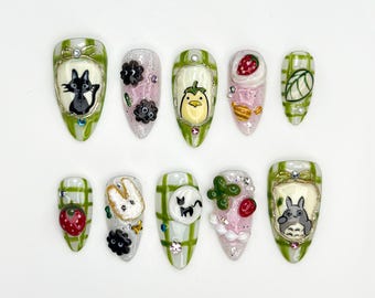 Ghibli Totoro Kawaii Press On Nails | Studio Ghibli Inspired Nail Art | Jiji Cat & Soot Sprite Nails | Anime Dessert Cute Nails | JB838HC