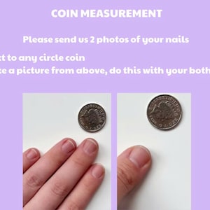 Puede incluir: Un gr&aacute;fico instructivo de color morado claro titulado COIN MEASUREMENT. Indica enviar dos fotos de las u&ntilde;as junto a una moneda circular, tomadas desde arriba con ambas manos. Dos fotos muestran dedos y un pulgar junto a una moneda de plata.