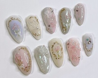 Fleurs de rêve à presser sur les ongles Amande | Nail Art tulipe pastel en gelée | Fleurs 3D FairyCore à presser | Décoration d'ongle romantique en faux ongles | J176