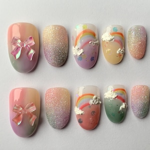 Dreamy Sky Press On Nails | Rainbow Sky Design with Bow Charms | Colorful Press On Nails Almond | Air Brush Pink Fake Nails | Gifts | JC156S