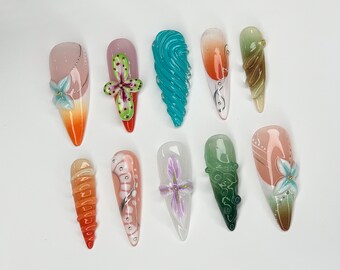 Uñas postizas Secret Garden / Impresionantes uñas postizas con diseño floral en 3D / Uñas con diseño de orquídeas en 3D personalizadas / Adornos para uñas, uñas Y2K / Uñas almendradas / JC273AC