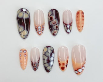 Uñas postizas abstractas / Diseño de uñas con efecto humo / Diseño de mármol / Uñas largas tipo ataúd / Uñas postizas pintadas a mano / JC482SC