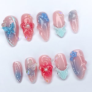 Secret Garden Press On Nails | Long Almond Flowers Nails | Butterfly Charms | Fairy Tale Inspired Fake Nails | Holiday Nails Art | JC421SL