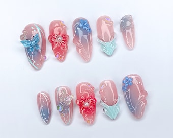 Secret Garden Press On Nails | Long Almond Flowers Nails | Butterfly Charms | Fairy Tale Inspired Fake Nails | Holiday Nails Art | JC421SL