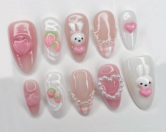 Adorable Pink Bunny Press On Nails | Dreamy Strawberry and Heart Accent in False/Fake Nails | 3D Gel Almond Nails | Jelly Cute Nails | J198