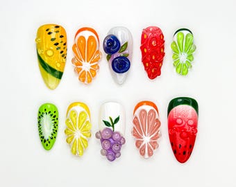Cute Summer Fruit Press On Nails | Summer Fruit Nail Art Set | 3D Watermelon Kiwi Nails | Handmade Colorful Citrus Nail| Kawaii Nail|JB885HC