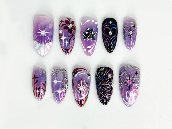 Galaxy Glitter Purple Press on Nails | Galaxy Star Nail Art ...