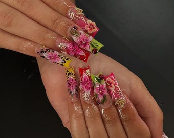 トロピカルフローラルのプレスオンネイル | 3Dトロピカルフラワー
