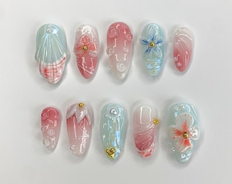 Secret Garden Press On Nails | Long Almond Flowers Nails | Butterfly Charms | Fairy Tale Inspired Fake Nails | Holiday Nails Art | JC444SM