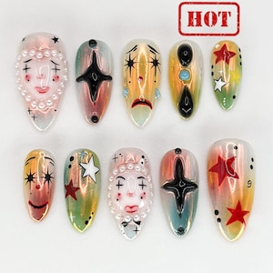 Artystyczne, doklejane paznokcie w stylu klauna | Odważny i żywy wzór inspirowany karnawałem | Unikalny i artystyczny wzór paznokci | Edycja limitowana | JB578HK