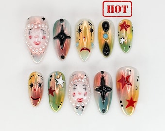 Artistic Clown-Themed Press On Nails |  Bold and Vibrant Carnival-Inspired Design | Unique and Artistic Nail Design| Limited Edition|JB578HK