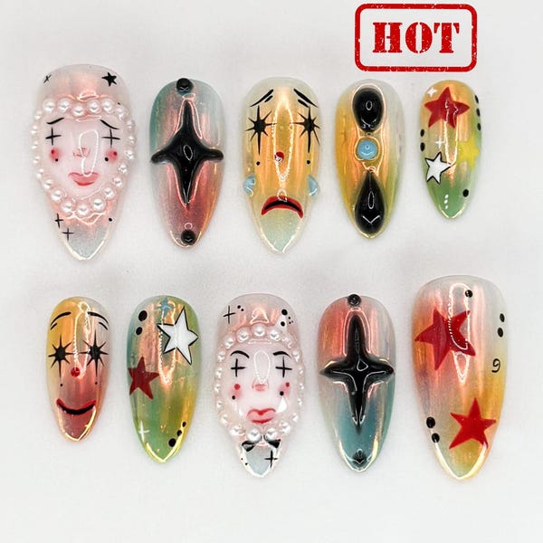 Artistic Clown-Themed Press On Nails |  Bold and Vibrant Carnival-Inspired Design | Unique and Artistic Nail Design| Limited Edition|JB578HK