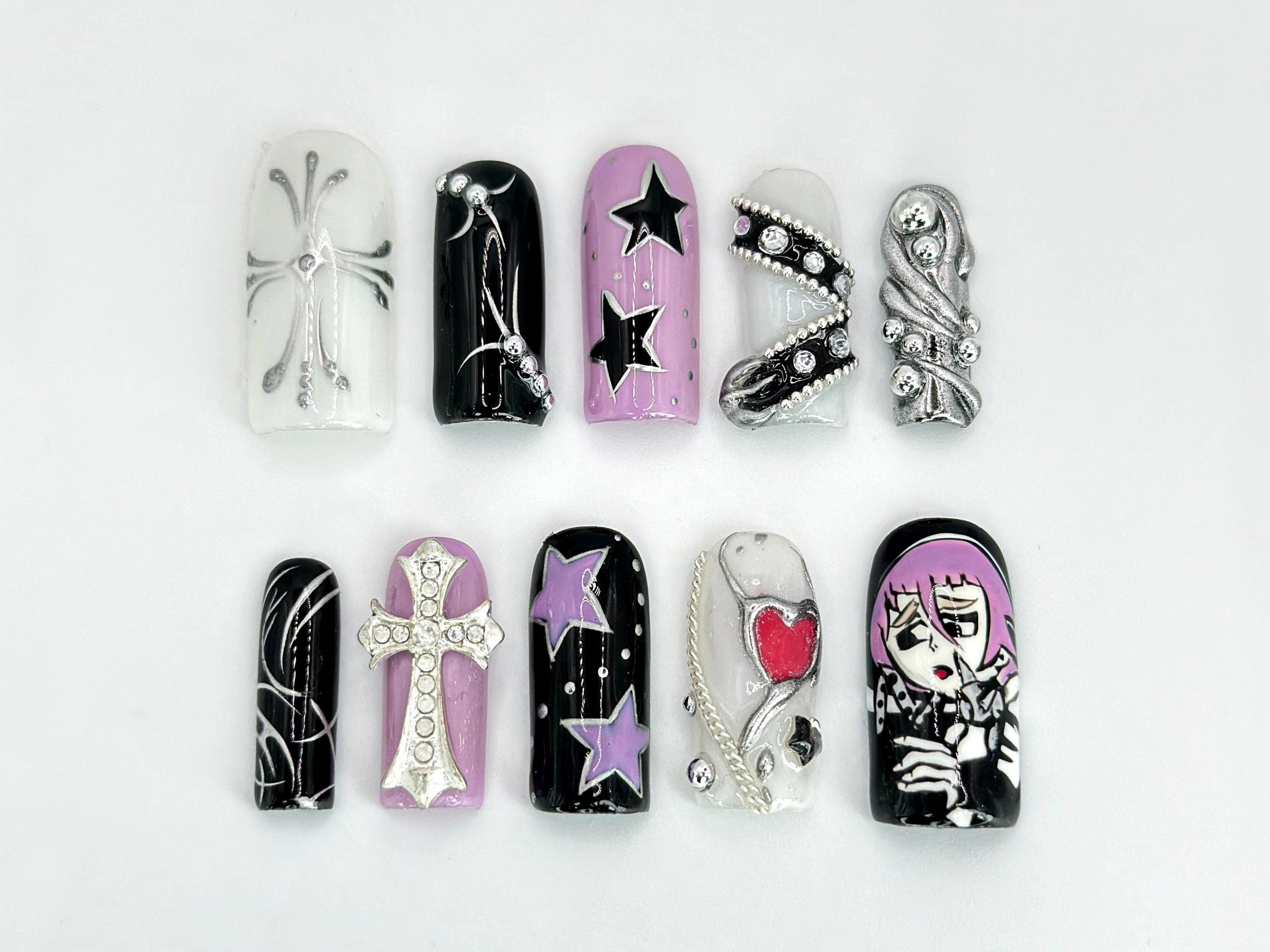 Soul Eater Crona Nail Art | Anime Art, Cross, and Heart Accent | Soul Eater-Themed Nails for Anime Fan | Gothic Design | JB613HC