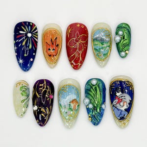 Howl&#39;s Moving Castle Press-On Nails | Studio Ghibli Inspired Nail Art | Unique Handmade Anime Nails | Custom Ghibli Nail Design | JB634HC