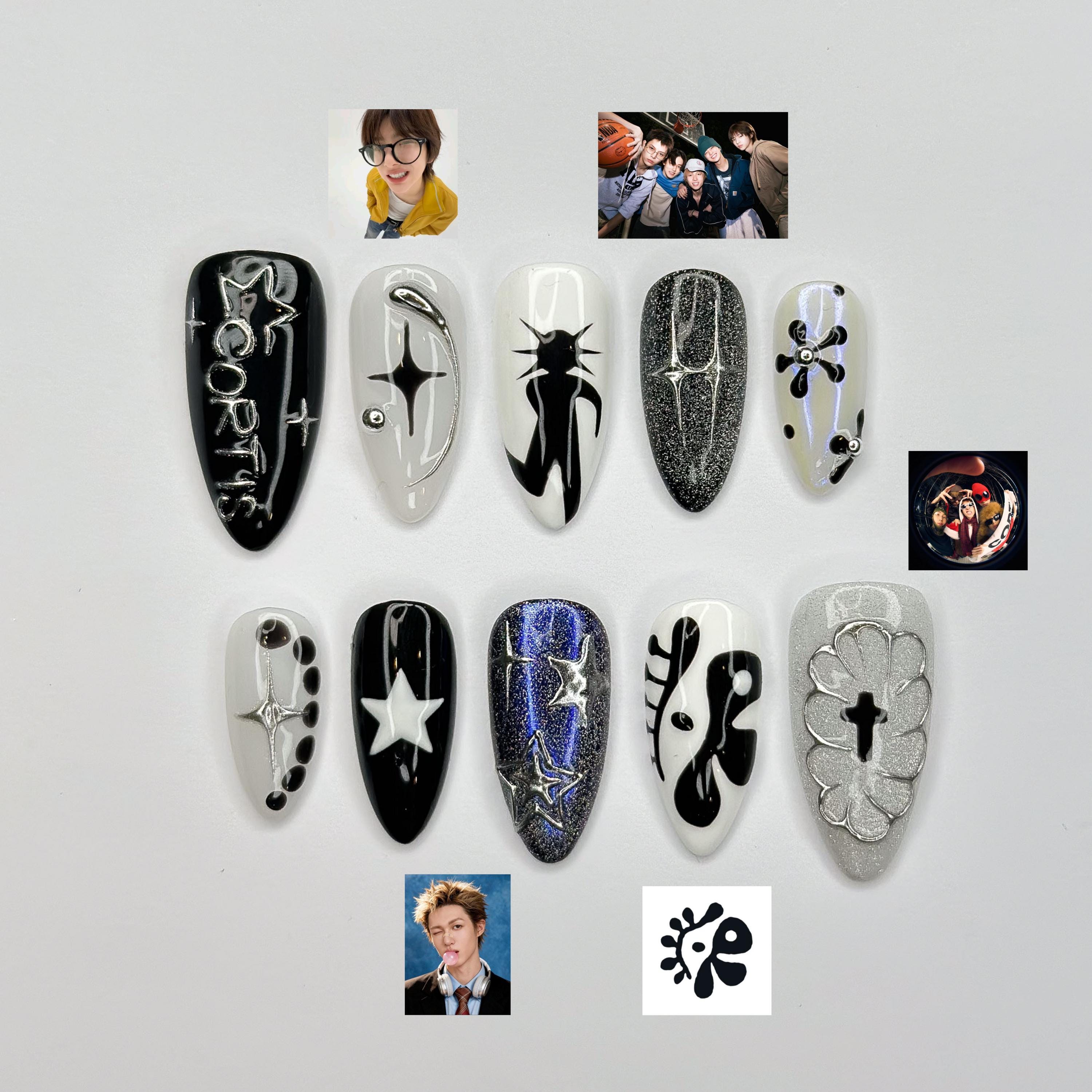 K-Pop Inspired Idol Press-On Nails Fan Collectible Edition Luxury 3D Star & Chrome Stiletto Art Y2K Cyberpunk Aesthetic JB380IC