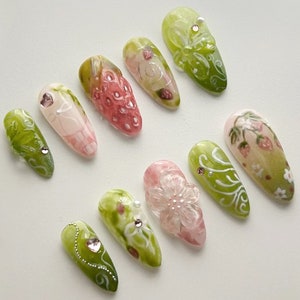 Dreamy Strawberry Garden Nails | Stand Out with 3D Gel Nail Set | Floral and Strawberry Patterns | Dreamy Garden on Your Fingertips | J94