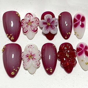 Custom Flower Fairycore Nails | Press On Nails Almond | Dreamy 3D Orchad Floral Press-Ons | Hand-painted Acrylic Spring Fake Nail | JC357A