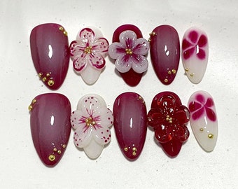 Anpassade Flower Fairycore-naglar | Press-on-naglar, mandelfärgade | Drömlika 3D-press-on med fruktträdgårdsblommor | Handmålade akryl-vår-lösnaglar | JC357A