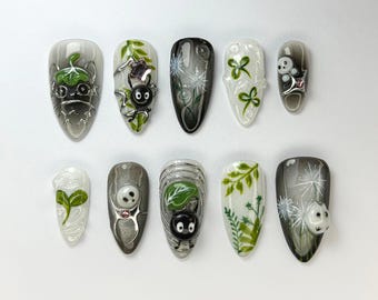 Whimsical Forest Totoro Press-On Nails | Totoro-Inspired Handmade Nailss | Totoro & Soot Spirit Nail Design | Handmade Fantasy Nail |JB719HC