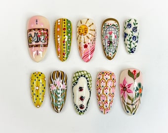 Malowane ręcznie naklejane paznokcie | Wzór w stylu vintage, kwiatowy, ludowy | JB304H