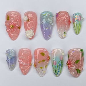 Fleurs de rêve à presser sur les ongles Amande | Nail Art tulipe pastel en gelée | Fleurs 3D FairyCore à presser | Décoration d'ongles romantique en faux ongles | JC418S