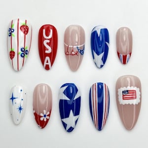 USA Celebration Press on Nails | Cute USA Nails | Summer Strawberry and Star Art | Festive Patriotic Nail | Party Nail Design | JC942DK