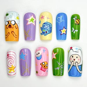 Adventure Time Press On Nails | Cute Cartoon Nail Art | Hand-Painted Custom Nails | Whimsical Character Nails | Funky Press On Set | JB867HC