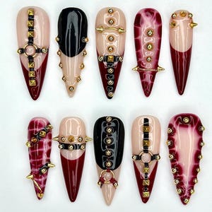 Handmade Gothic Press On Nails | Spiked, Studded Red & Black Nails | Punk Rock Statement Nail Art | JC968EP
