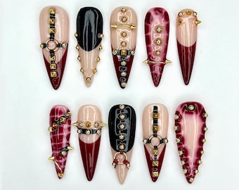 Handmade Gothic Press On Nails | Spiked, Studded Red & Black Nails | Punk Rock Statement Nail Art | JC968EP