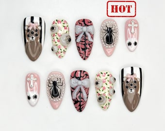Creepy Cute Teddy Press On Nails | 3D Bear & Bow Nails | Gothic Pastel Floral Nail Art | Soft Horror Pink Press Ons | JB807HC