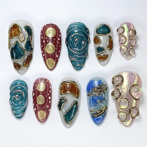 Luxury Gemstone Press On Nails | 3D Crystal Nail Art | Gold & Blue Marble Nails | Abstract Stone Nails | Trendy Nail Set| JB675HC