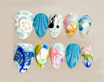 Uñas postizas inspiradas en el océano / Uñas pintadas a mano / Uñas con motivos marinos / Manicura personalizable / Uñas azules / JB317S