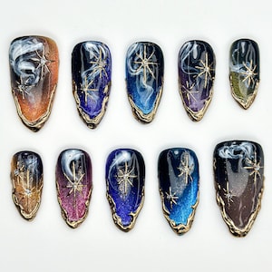 Galaxy Starry Night Press On Nails | Cosmic Nail Art | Gold Star Celestial Nails | Space-Inspired Handmade Nails | Midnight Sky Nail|JB843HC